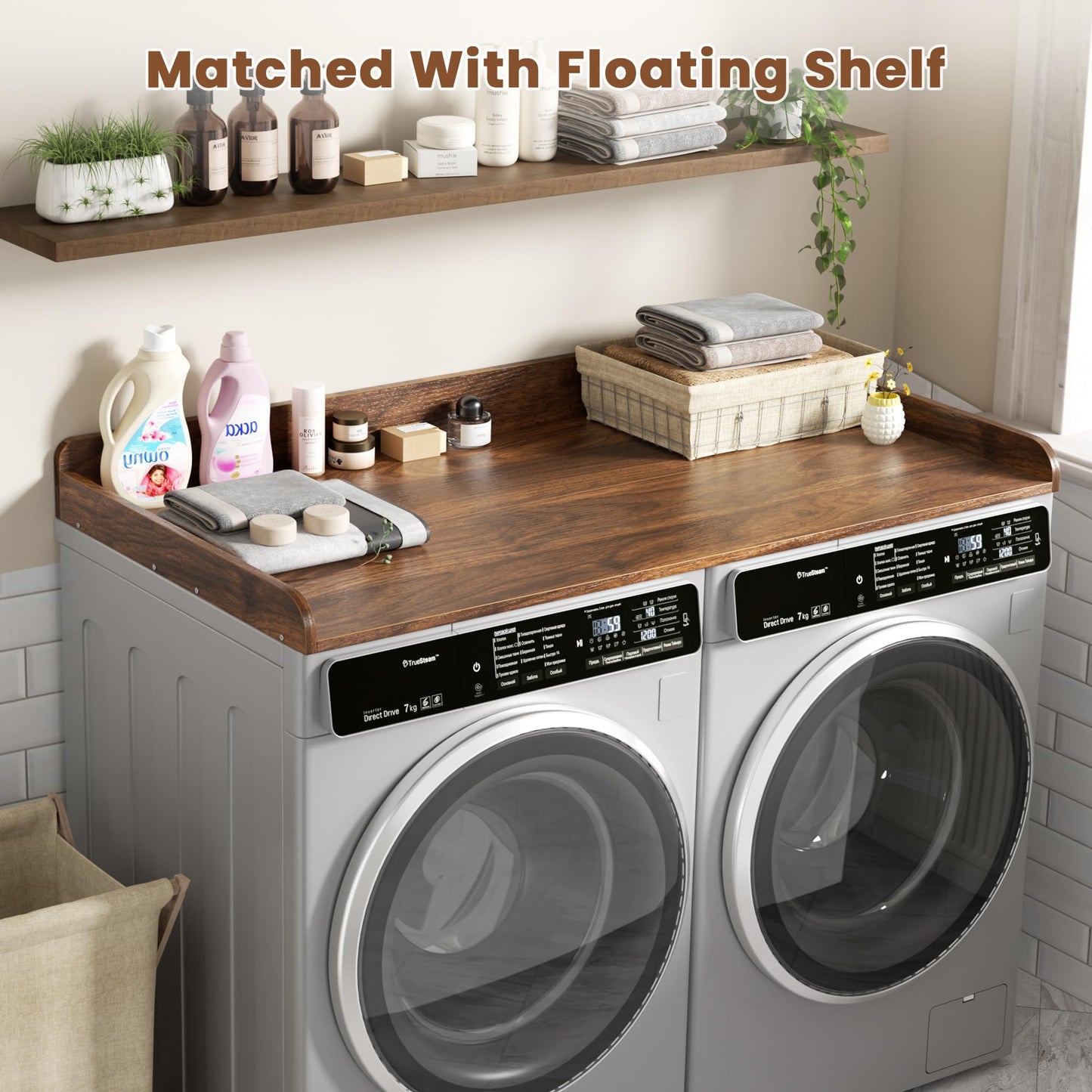 DTK Washer Dryer Countertop, Wood Topper with Edge Rails, Washer and Dryer Countertop with Anti-Slip Strips, 54" Width x 27.5" Depth Cover for Laundry Room Organization and Storage, Walnut