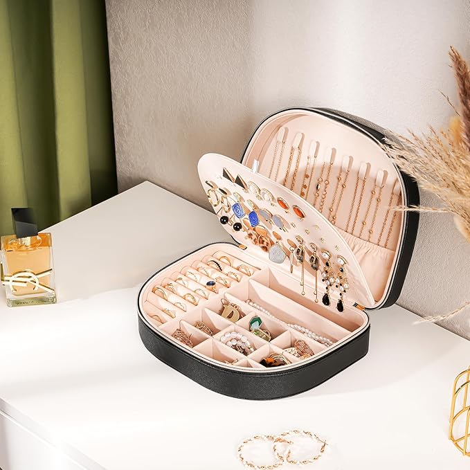 ProCase Travel Size Jewelry Box, Large Portable Seashell-Shaped Jewelry Case, 2 Layer Jewelry Organizer in PU Leather for Women -Black