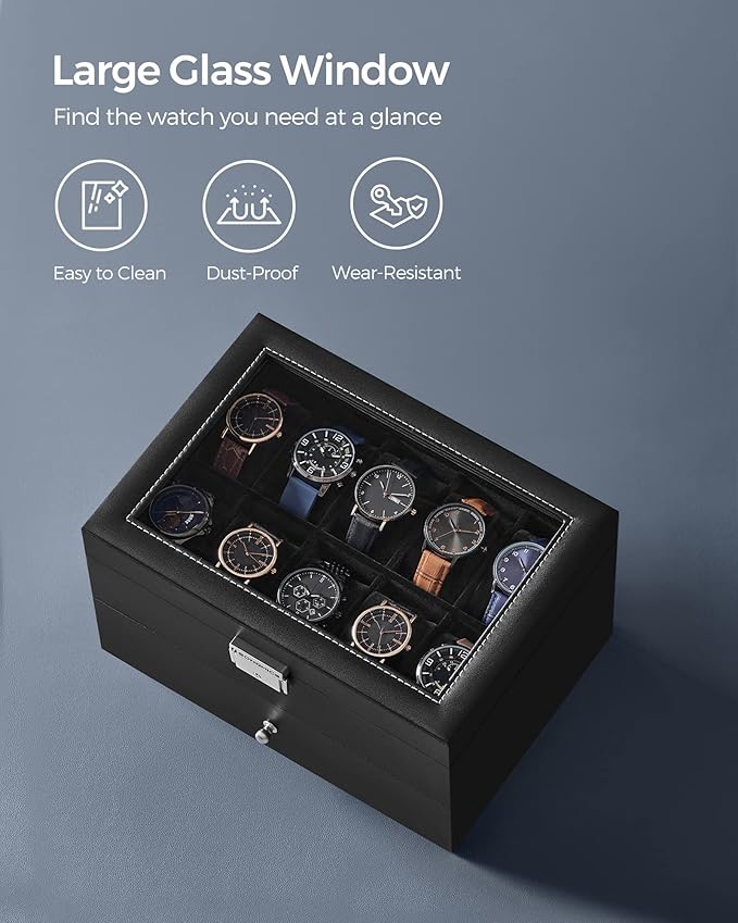 SONGMICS Watch Box, 20-Slot Watch Case Organizer with Large Glass Lid, Removable Pillows, Metal Lock, Gift for Loved Ones, Black Synthetic Leather, Black Lining UJWB020B01