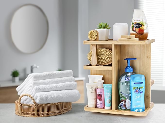 Sorbus 360ÃÂ° Makeup Organizer - Bamboo Wood Make Up Storage Carousel for Cosmetics, Skin Care Rotating Makeup Organizer for Vanity, Bathroom Storage