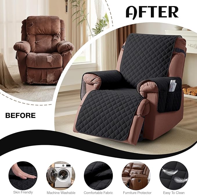 KinCam 100% Waterproof Recliner Chair Cover, Reclining Couch Covers for Pets, Dogs, Recliner Couch Slipcover Furniture Protector with Elastic Straps for Kids(28", Black)