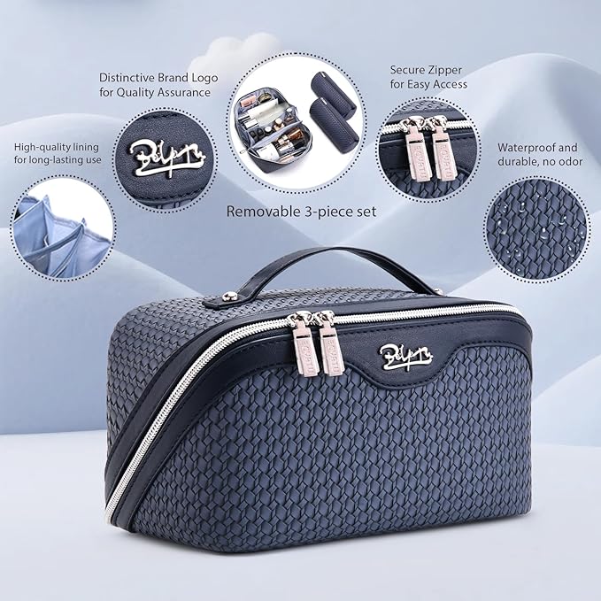 BOYATU Travel Makeup Bags for Women: Large Capacity Make up Bag with Wide Opening - 3 Pcs Set Waterproof Travel Toiletry Organizer for Full-Sized Bottles, Cosmetics & Brushes (Blue-W)