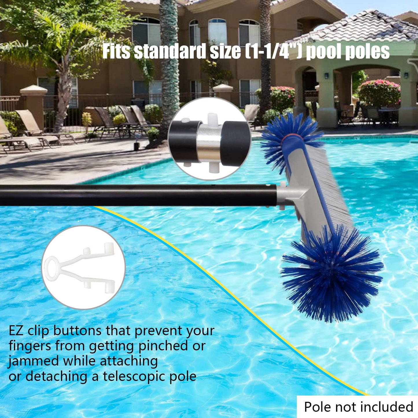 Poolvio Professional 17.5" Floor & Wall Pool Cleaning Brush with Tough Around Nylon Bristles, EZ Clip Aluminum Handle- Easily Sweep from Walls, Floors, Steps