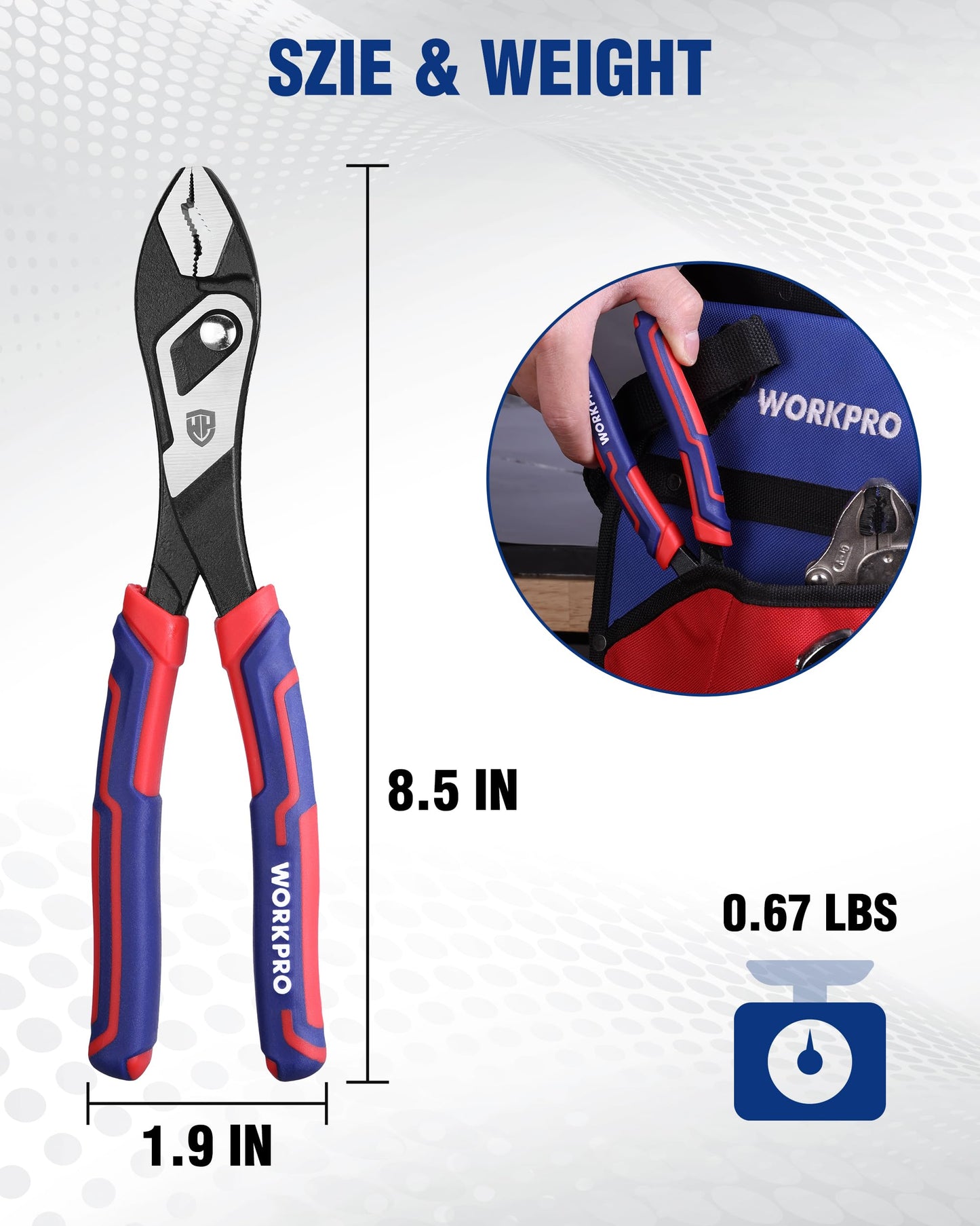 WORKPRO 8.5 Inch Slip Joint Pliers, High Carbon Steel Pliers Tool with 4-Modes Adjustment, TPR Handle, Box-joint Design, Diamond-Grip Jaws with Nail Puller Teeth For Maximum Grip