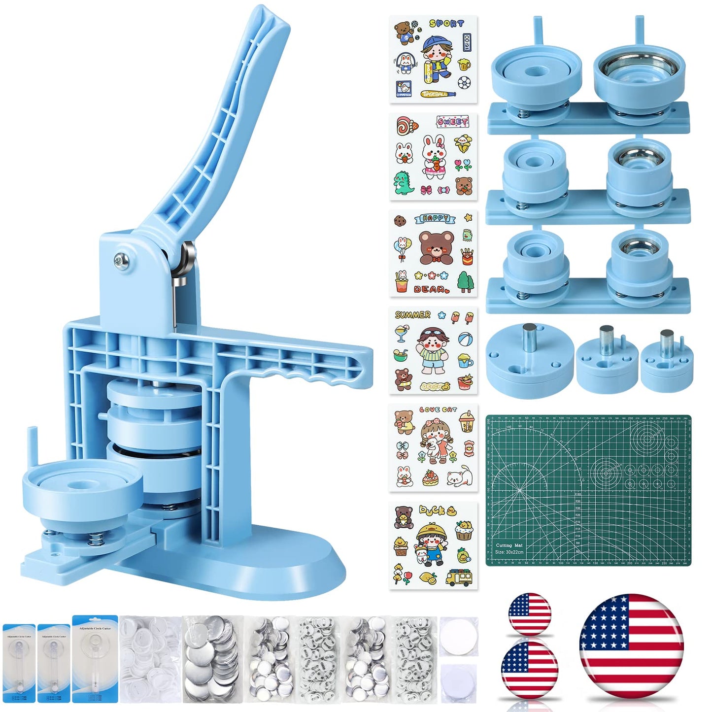Happizza Button Maker Machine Multiple Sizes (4th Gen), Pin Maker 1+1.25+2.25 inch / 25+32+58mm, Badge Button Press Machine with Cutting Mat & 300 Sets Badge Making Supplies & Circle Cutter