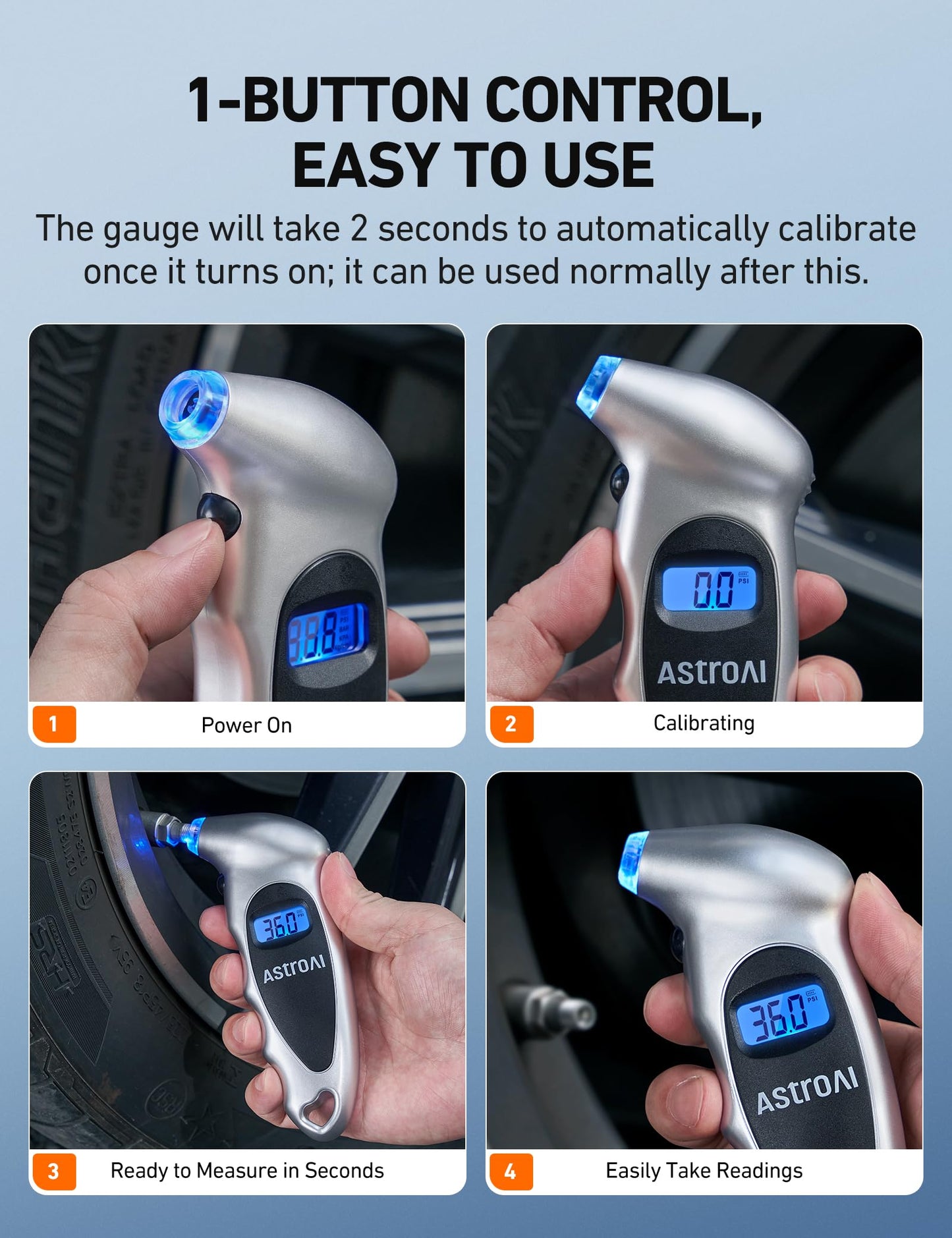 AstroAI Digital Tire Pressure Gauge 0-150PSI Calibrated to ANSI B40.7 +/-1PSI, 4 Units for Car Truck Bicycle with Backlight LCD and Presta Valve Adaptor, Sliver, 2Pack