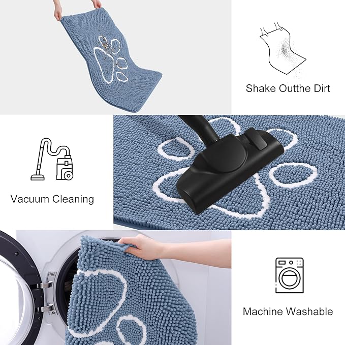 Smiry Dog Door Mat for Muddy Paws, Absorbent Dirt Trapper Non Slip Quick Dry Washable Chenille Mat for Mud Dogs, Entry Rug for Indoor and Outdoor (59x24 Inches, Airy Blue and White)