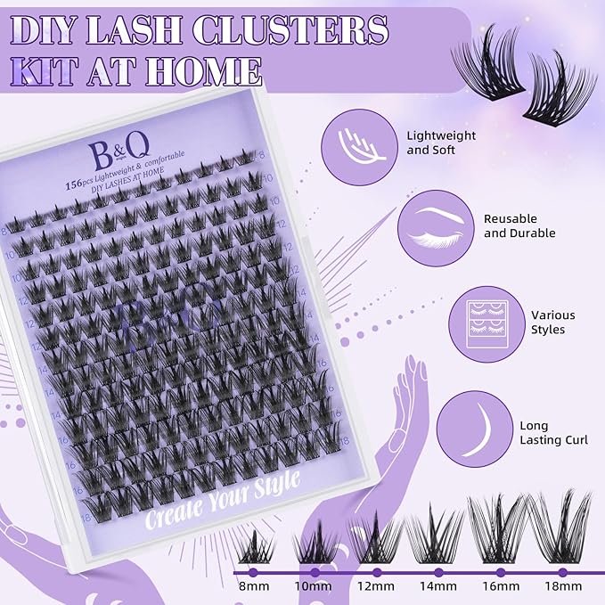 Lash Extension Kit B31 Eyelash Extension Kit B&Qaugen DIY Lash Extension Kit 156 PCS Lash Clusters 8-18mm Cluster Eyelash Extensions Kit with Lash Bond and Seal Lash Applicator Tool (Kit,B31)