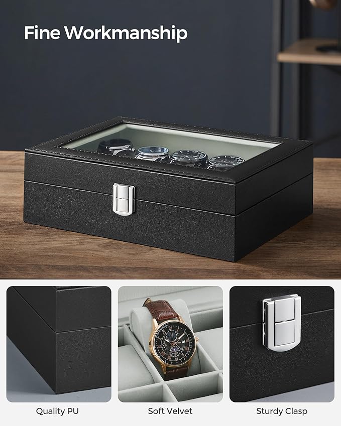SONGMICS Watch Box, 10-Slot Watch Case Organizer with Large Glass Lid, Removable Pillows, Gift for Loved Ones, Black Synthetic Leather, Gray Lining UJWB010BK