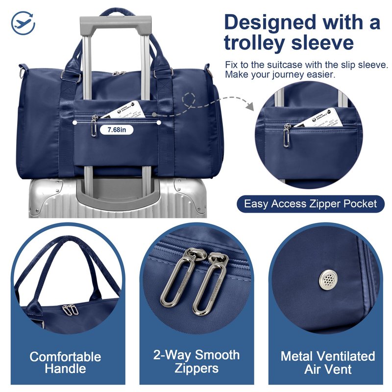 FIORETTO Womens Gym Tote Duffle Bag with Wet Pocket & Shoe Compartment, Sports Duffel Overnight Weekender Hospital Workout Carry on Bag for Girls, Ideal for Travel, Swimming, Dance, Ballet Navy Blue