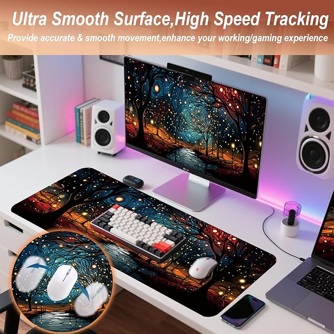 Gaming Mouse Pad 31.5x11.8 inch XL Large Extended Mouse Pad, Big Mousepad Desk Mat for Computer with Non-Slip Rubber Base and Stitched Edge-Starry Night Woods