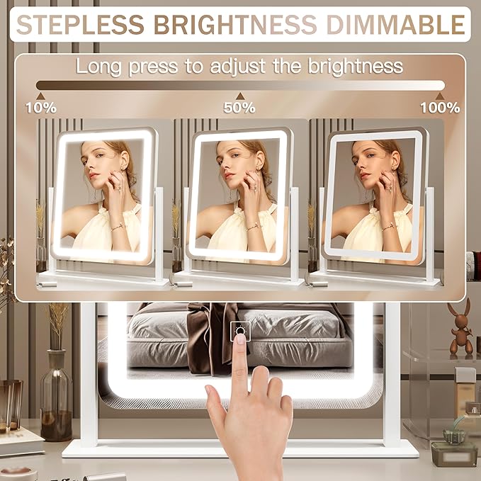 ROLOVE Lighted Makeup Mirror, Vanity Mirror with Lights for Desk Tabletop, Smart Touch with 3-Color Lighting,Dimmable, 360° Rotation, White, 13"x15"