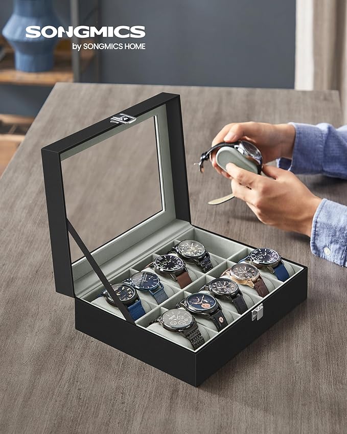 SONGMICS Watch Box, 10-Slot Watch Case Organizer with Large Glass Lid, Removable Pillows, Gift for Loved Ones, Black Synthetic Leather, Gray Lining UJWB010BK