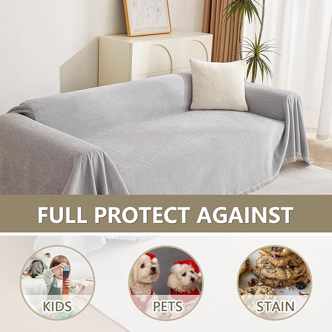 MYSKY HOME Light Gery Chenille Sofa Cover for Dogs Cats Tassel Edge Couch Cover Furniture Protectors for Pets Universal Couch Cover Thick Durable Sectional Couch Covers for 3 Cushion Couch, 91"x 134"