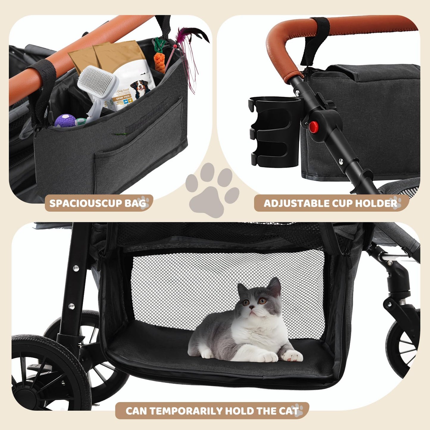 Dog Stroller for Small Pets, All-Terrain 4-Wheel Cat & Dog Carrier with 360° Front Wheels, Adjustable Handle & Canopy|Cup Holder & Storage Basket|Foldable in One Step|Ventilated Design for Comfort