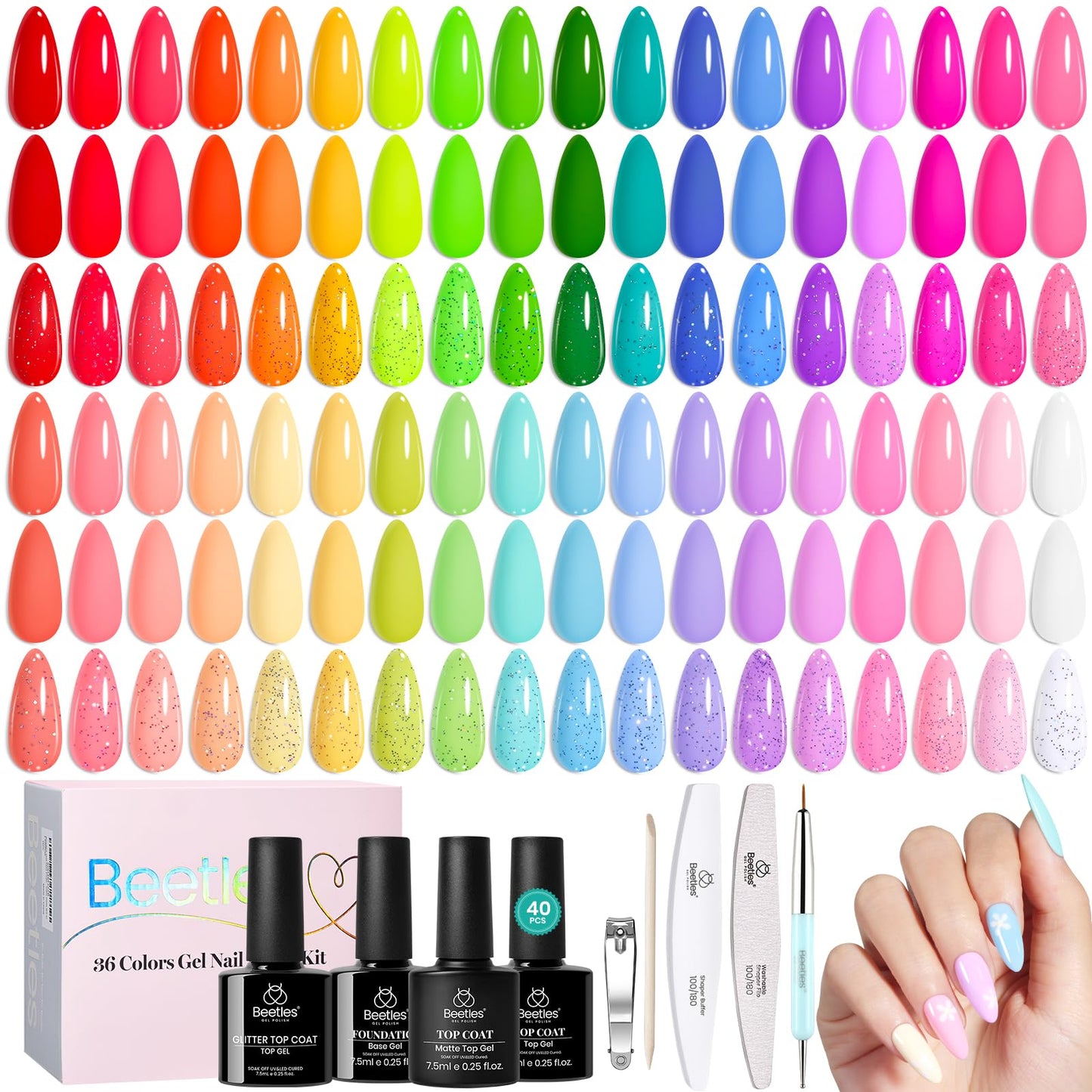 Beetles Spring Gel Polish Set - 36 Colors Pastel Neon Rainbow Bright Color Gel Polish Set with Base Coat Glossy Matte & Glitter Top Coat Pink Red Yellow Manicure Vivid Whimsy Summer Gifts for Women