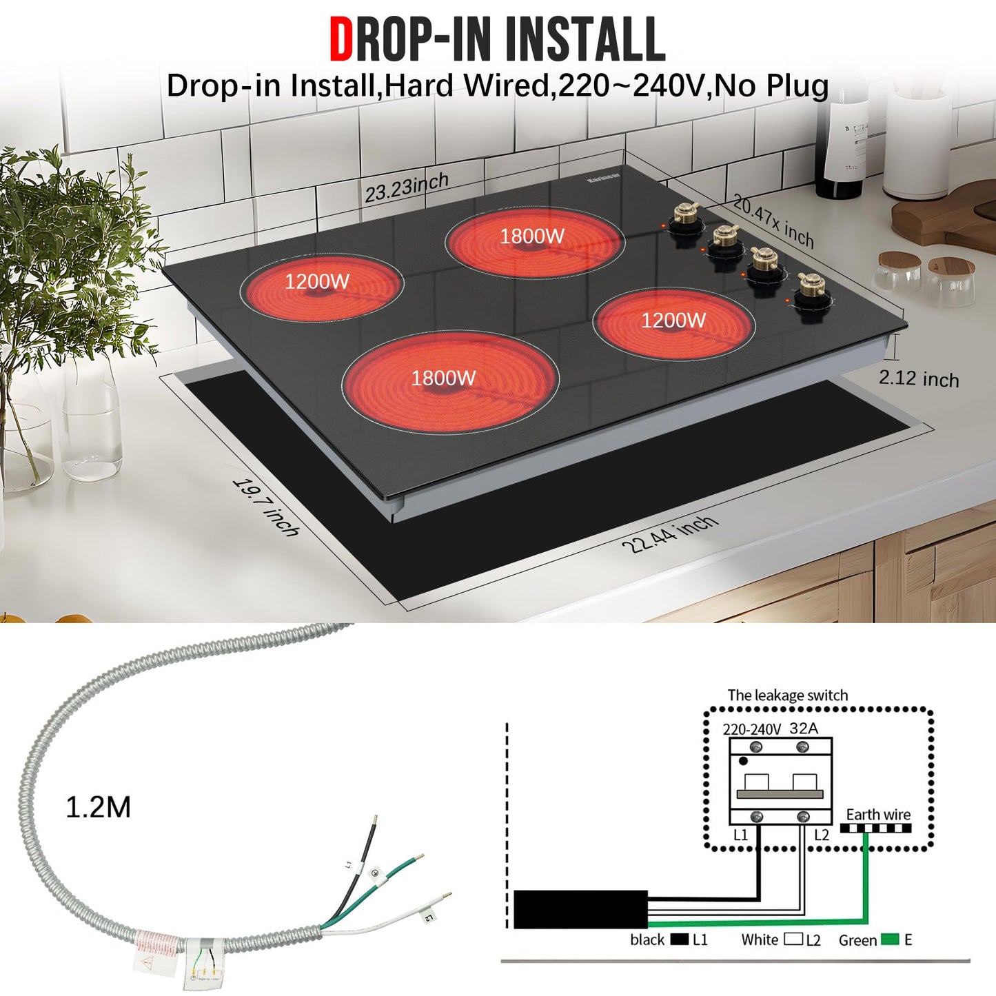 Karinear 24 Inch Electric Cooktop 4 Burners Electric Stove, Knob Control,6000W, Built-in Radiant Hob,Residual Heat Indicator, Overheat Protection,Hardwired 220V Radiant Ceramic Stove(Gold Knob)