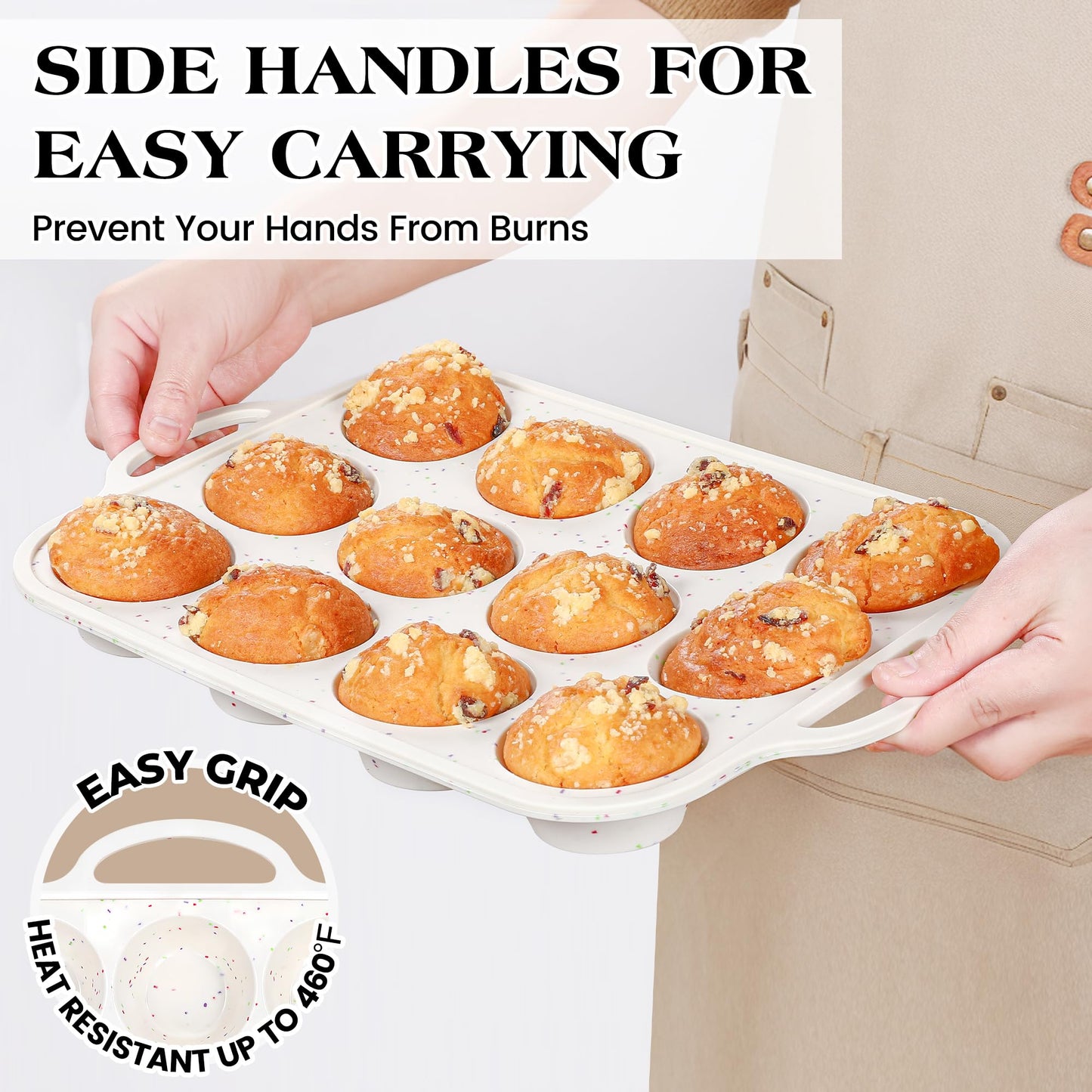 AOTASO 2 Pcs Silicone Muffin Pan for Baking with Metal Frame, Nonstick 12 Cup Regular Size Cupcake Pan, Silicone Muffin Tray for Egg Bites (Cream)