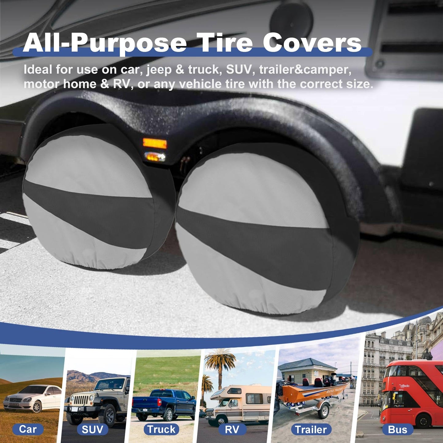 Explore Land Tire Covers 4 Pack - Tough Wheel Protector for Truck, SUV, Trailer, Camper, RV Universal Fits Tire Diameters 26-28.75 inches Black & Gray