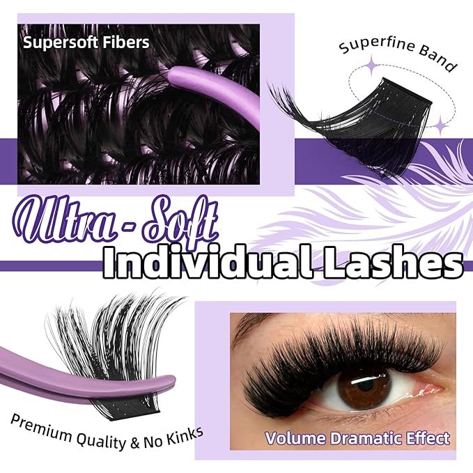 B&Q Fluffy Lash Clusters Kit UltraSoft Cluster Eyelash Extensions, 200D Volume Eyelash clusters 10-18mm Lash Extension Kit, D Curl Individual Lashes kit with lash Applicator Tool (200D Set)
