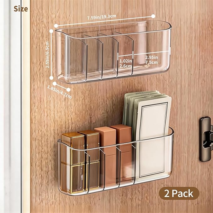 PAVSTINE 2 Pack Adhesive Medicine Cabinet Organizer, Clear Wall Mounted Makeup Storage Shelves for Bathroom Vanity, No Drilling Narrow Organizers for Door Cabinet, 5 Compartment