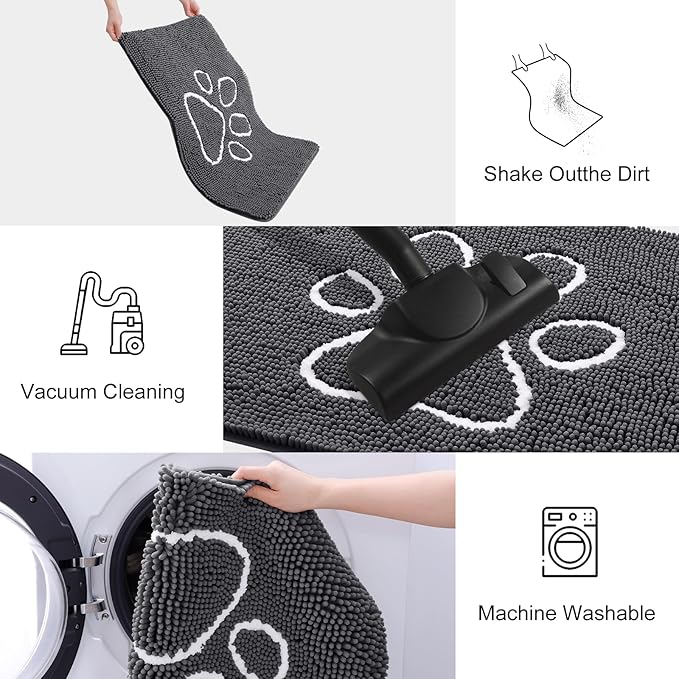 Smiry Dog Door Mat for Muddy Paws, Absorbent Dirt Trapper Non Slip Quick Dry Washable Chenille Mat for Mud Dogs, Entry Rug for Indoor and Outdoor (40x24 Inches, Dark Grey and White)