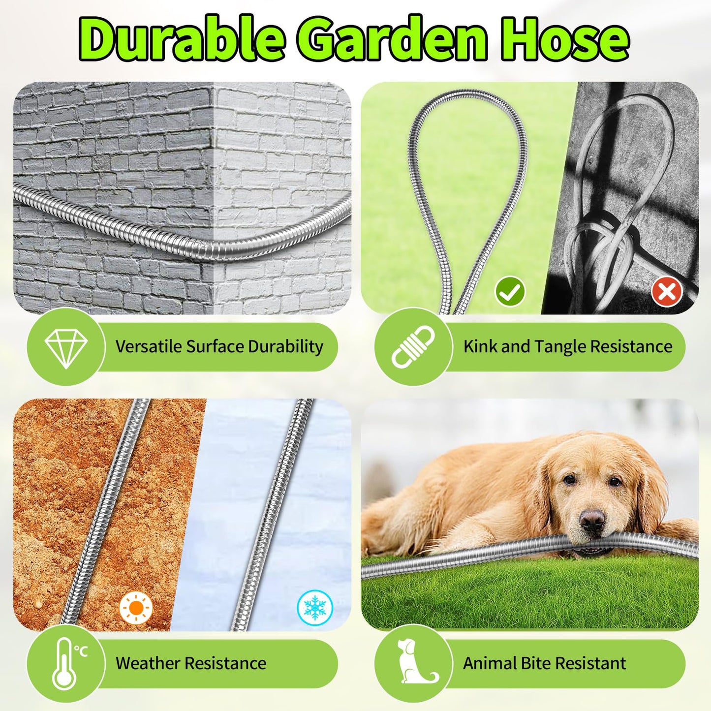 GOXAWEE Garden Hose 50FT, Stainless Steel Heavy Duty Water Hose With 10 Function Nozzle, No-Kink, Tough & Flexible, Sturdy and Lightweight, Rust Proof for Yard, Outdoor, RV