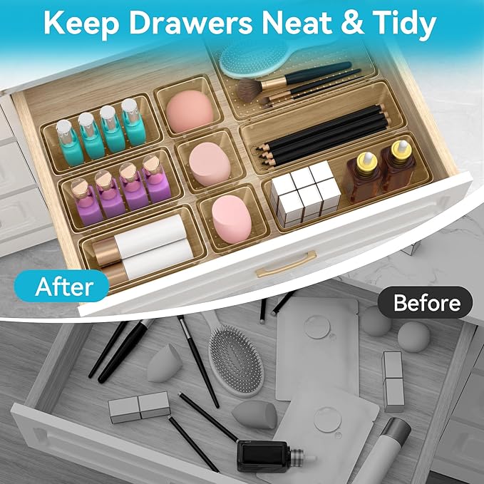 12 PCS Drawer Organizer Set, 4 Sizes Tool Storage Trays, Clear Plastic Makeup Vanity Organizer and Storage Bins for Stationeries, Multiple Gadgets for Office, Bedroom, Champagne