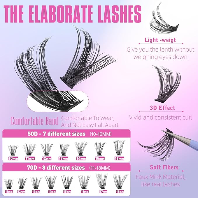 Geeneiya Wispy Lash Clusters Kit 50D+70D Lash Extension Kit 10-18mm Cluster Eyelash Extensions Kit Natural Individual Lashes Kit with Waterproof Lash Bond and Seal Glue Lash Tweezers for Beginners