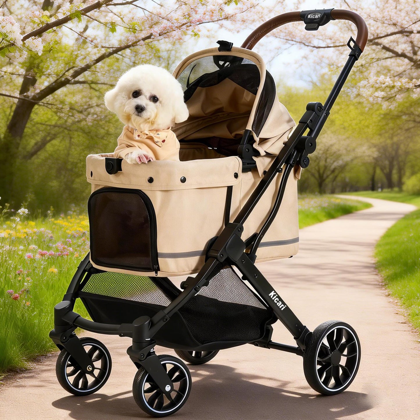 Kicari All-Terrain Dog Stroller for Small to Medium Dogs, Pet Stroller for Dogs & Cats Outdoor Walks, One-Hand Easy Fold, Double-Layer Anti-UV & Waterproof Canopy & Breathable Mesh, Vanilla Beige