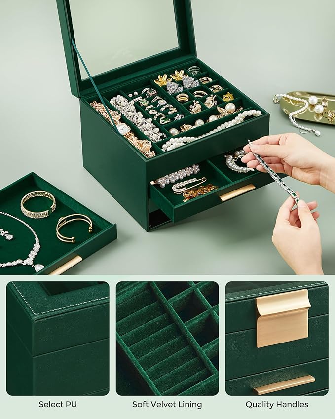 SONGMICS GISELLA Collection - Jewelry Box Organizer, 4-Layer Jewelry Storage with 3 Drawers, Shiny Metal Hardware, Glass Lid, Modern, 8 x 9.1 x 6.5 Inches, Forest Green and Gold Color UJBC173C01