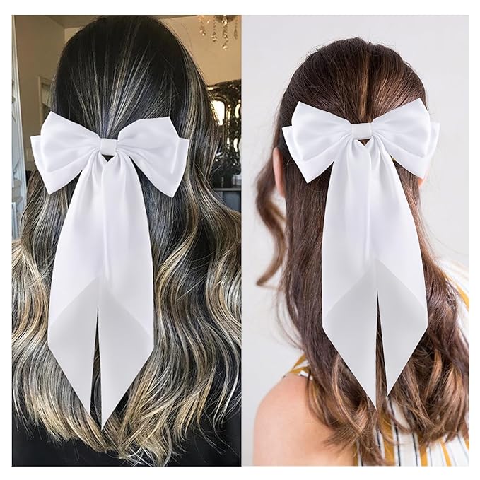6Pcs Large Bows Hair Clips for Women Girls Long Tail Hair Ribbon Silky Satin Barrettes Coquette Bows Accessories (White)