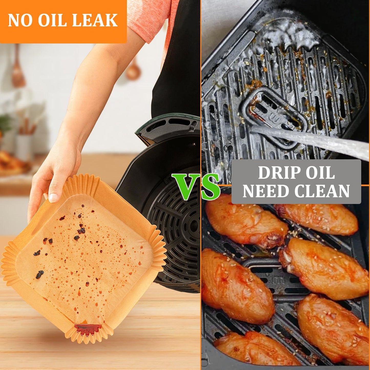 200PCS Air Fryer Liners Disposable: Square 7.9 Inch Non-Stick Airfryer Paper Liners - Food Grade Parchment Paper for 5 6 7 8 QT Air Fryer Baking and Roasting - Waterproof and OilProof (9 Inch on Top)