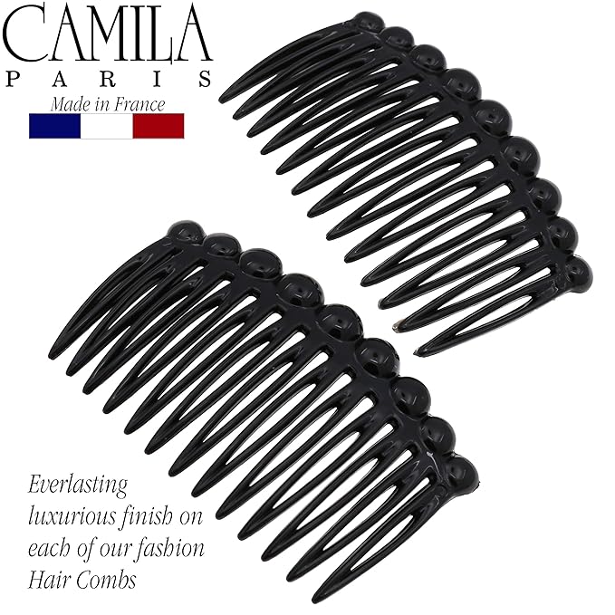 Camila Paris CP2869/2 French Hair Side Comb Small Rounded, Black French Twist Hair Combs Decorative, Strong Hold Hair Clips for Women Bun Chignon Up-Do Styling Girls Hair Accessories, Made in France