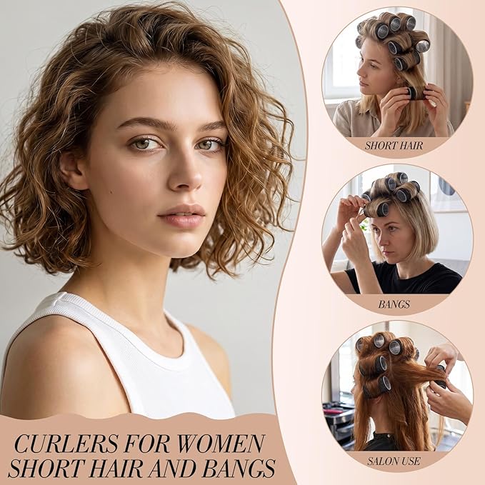 24 Pcs Self-Grip Small Hair Rollers Set, No Heat Curlers for Women Short Hair and Bangs - Overnight Use at Home Travel for Creating Waves and Curls (25mm, Black)