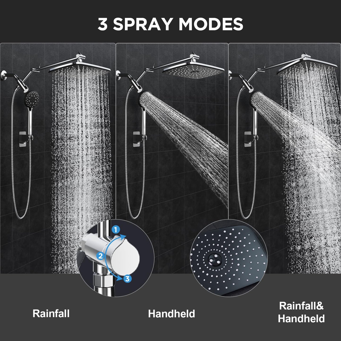 Veken Wide High Pressure Rain Shower Head with Handheld, Handheld Shower Heads with Multi Spray Modes, Rainfall Combo with 15" Metal Extension Arm,Detachable Dual Shower, Bathroom Decor,Chrome Silver