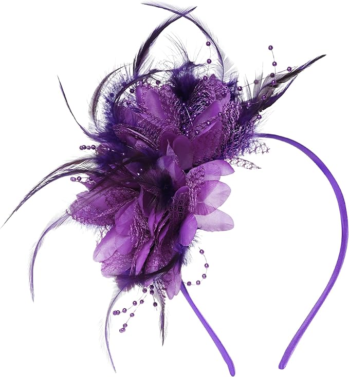 Womens Fascinators Hats Tea Party Hats for Women, Feather Pearl Veil Headband for Wedding Cocktail Dresses Accessories