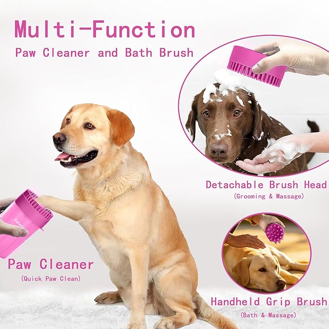 Dog Paw Cleaner Kit for L/XL Dogs - Quick Clean No Full Bath, 2-in-1 Paw Wash Cup with Detachable Silicone Brush Head, Includes Bath Brush & 3 Absorbent Towels, Pink