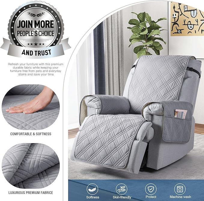 TAOCOCO 100% Waterproof Recliner Chair Cover with Double Straps, Non Slip Covers for Recliner Chair with Pocket, Washable Reclining Chair/Furniture Protector for Kids, Pets(23.6'', Light Grey)