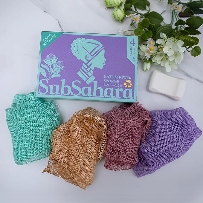 SubSahara Authentic African Net Sponge - 4 Pack Exfoliating Bath & Shower Loofah Sponge for Body & Face, Gentle Scrubber for All Skin Types, Travel, Durable