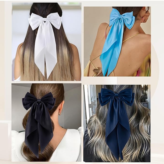 6Pcs Large Bows Hair Clips for Women Girls Long Tail Hair Ribbon Silky Satin Barrettes Coquette Bows Accessories (Black/Skyblue/White/Navyblue/Bluegrey/Royalblue)