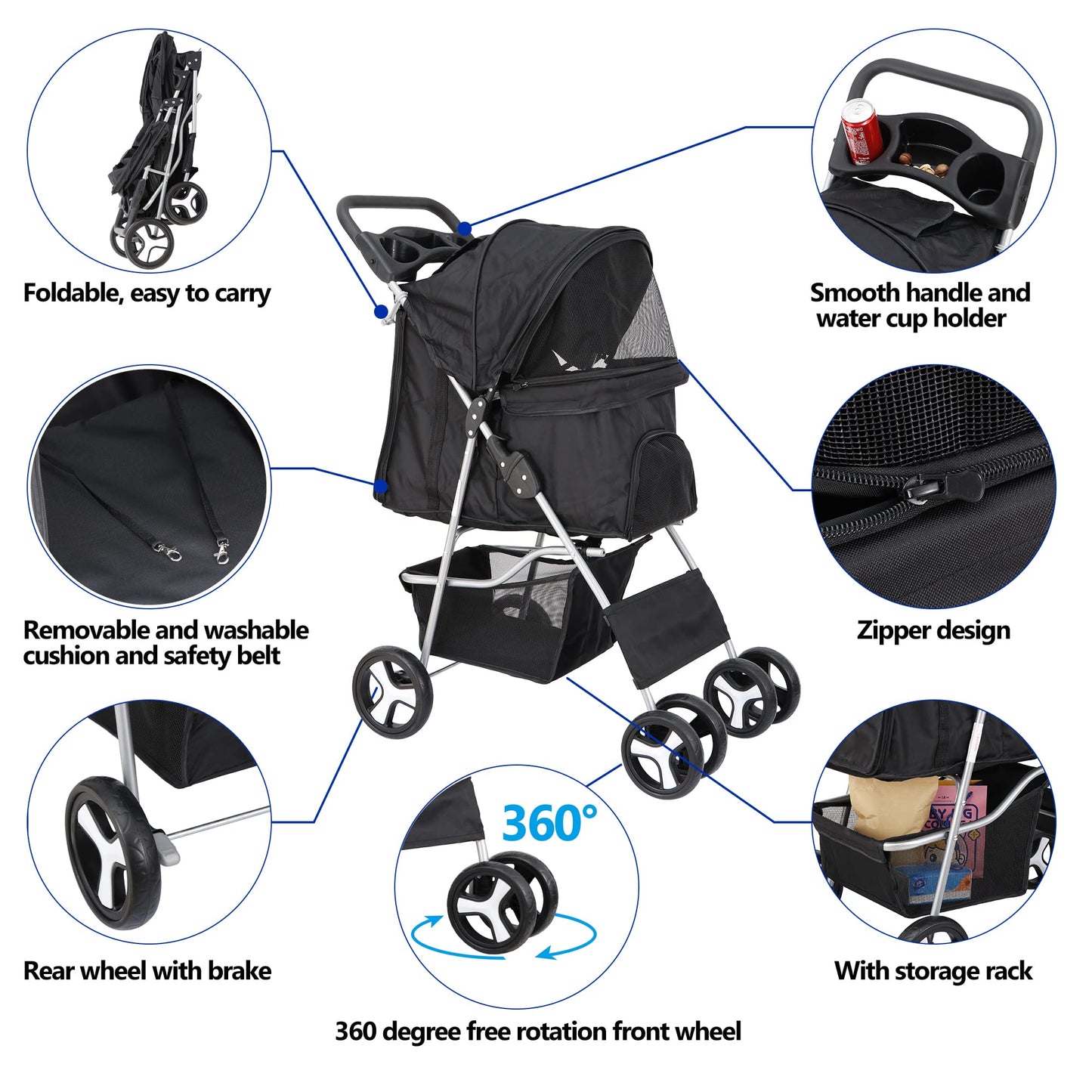 LEMY 4 Wheels Pet Dog Cat Stroller for Small Medium Dogs Cats,Black Foldable Jogger Travel Puppy with Detachable Carrier