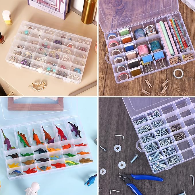 OUTUXED 4 Pack 36 Grids Plastic Bead Organizer Box with Dividers, Clear Craft Tackle Box Parts Storage Containers with Compartments for Jewelry Fishing Tackle Art DIY with 5 Sheets Label Stickers