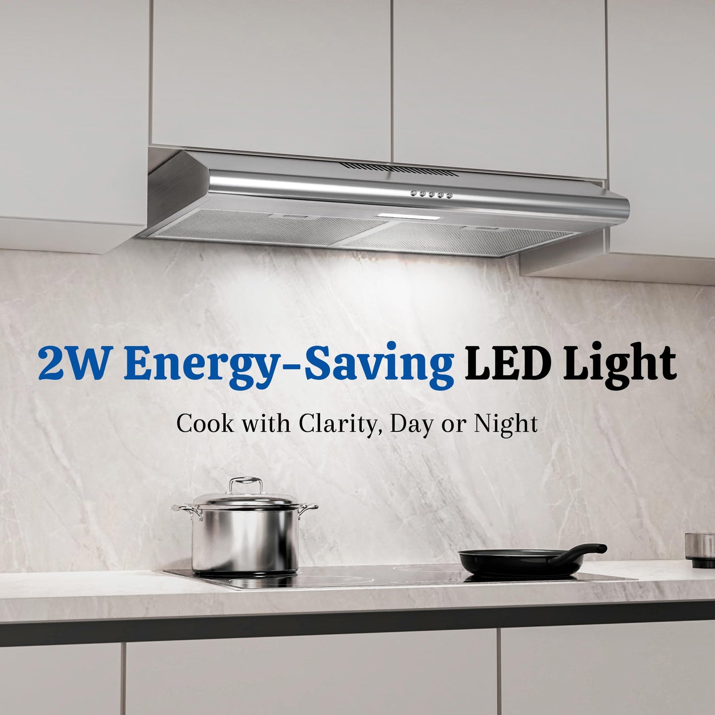 FIREGAS Under Cabinet Range Hood 30 Inch, Ducted/Ductless Convertible Kitchen Vent Hood with 250 CFM, Stainless Steel, 3-Speed Exhaust Fan, Energy-Efficient LED Lights for Stove Ventilation