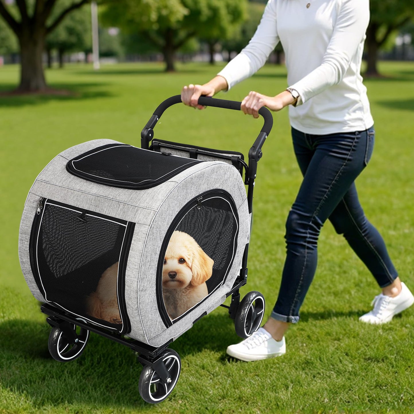 Saudism Pet Stroller for Dogs Cats up to 50 lbs, Foldable Dog Stroller with 360° Swivel Wheels, Detachable Carrier, Adjustable Handle, Travel Dog Stroller for Small Medium Large Pets, Gray