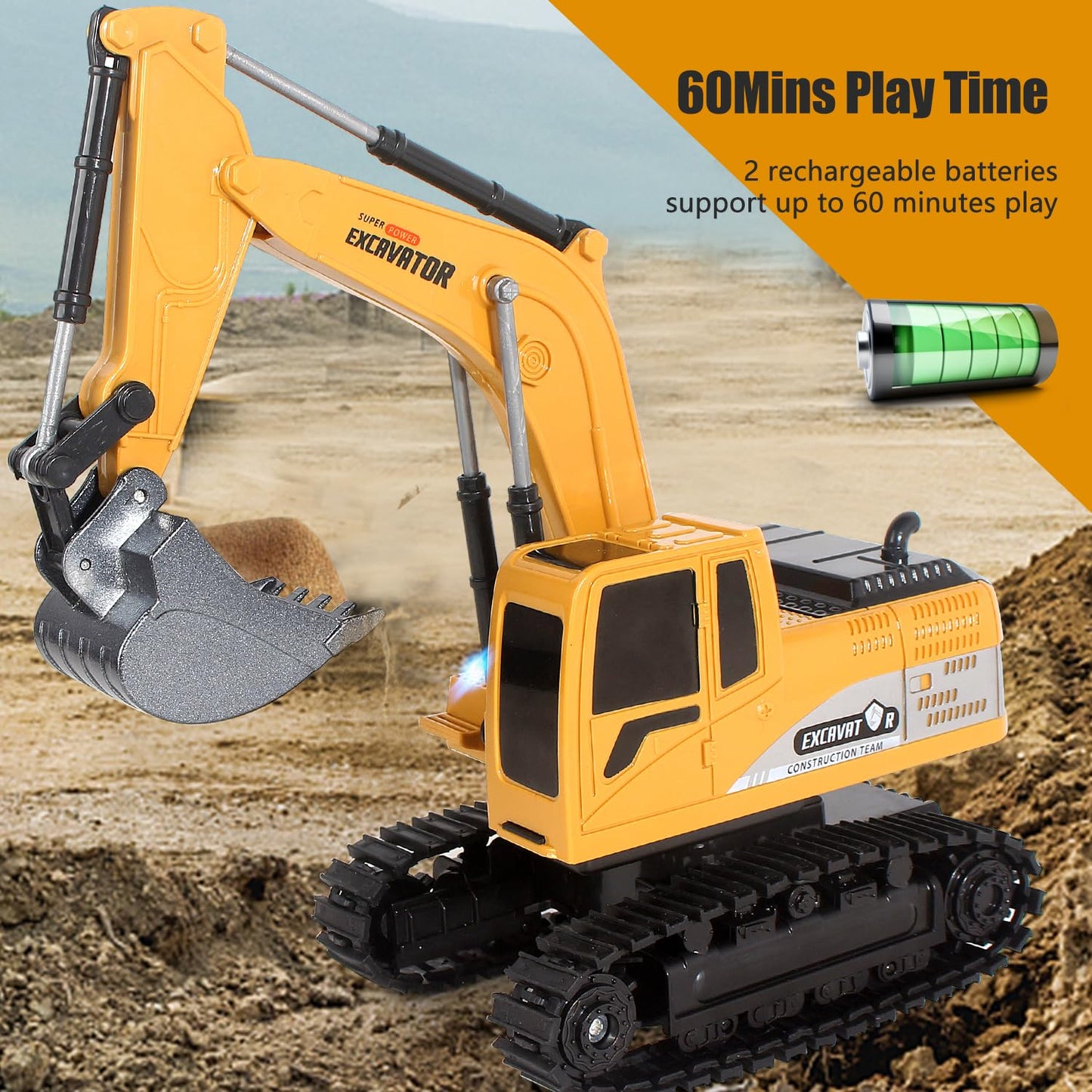Jiakora Remote Control Excavator Toys for Boys, RC Excavator Toy for Boys 3 4 5 6 7 8 Year Old Kids Christmas Birthday Gift，RC Digger Truck Construction Vehicles with Metal Shovel & Light