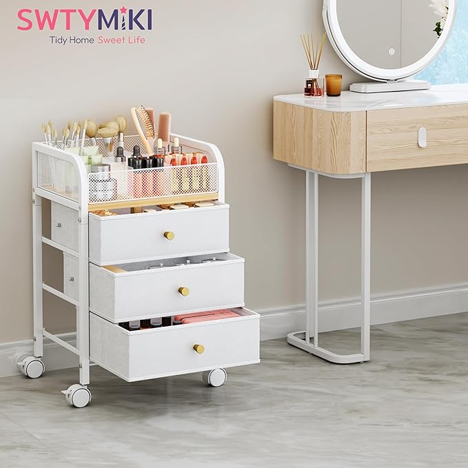 SWTYMIKI Rolling Makeup Organizer Cart - 14.96Ã¢ÂÂ³*11.81Ã¢ÂÂ³*23.03Ã¢ÂÂ³ Widened Under Desk Vanity Storage with 3 Non-woven Drawers, Cosmetic Display Cases for Skin Care Perfume Nail Polish Brush Hair Tool White
