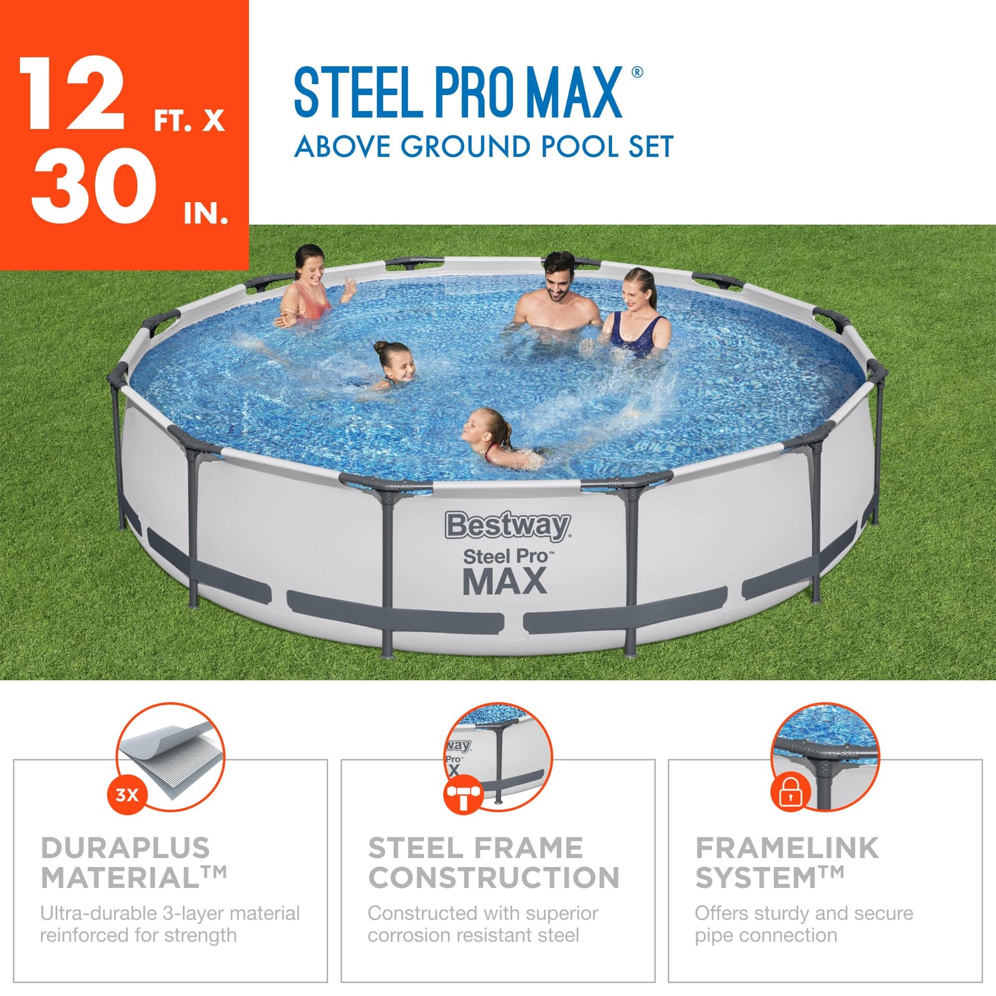 Bestway Steel Pro MAX Above Ground Swimming Pool (12' x 30") | Round Outdoor Backyard Family Pool with Tritech® Puncture-Resistant Liner | Easy Setup | Includes Filter Pump for Clean, Clear Water