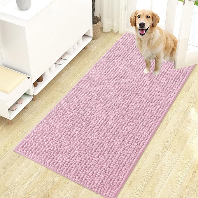 OLANLY Dog Door Mat for Muddy Paws 47x24, Ultra Absorbent Chenille Mud Doormat, Non-Slip Washable and Dirt Trapping Doormat for Indoor Entryway, Quick-Dry Indoor Pet Bed Mats for Dogs, Dusty Rose