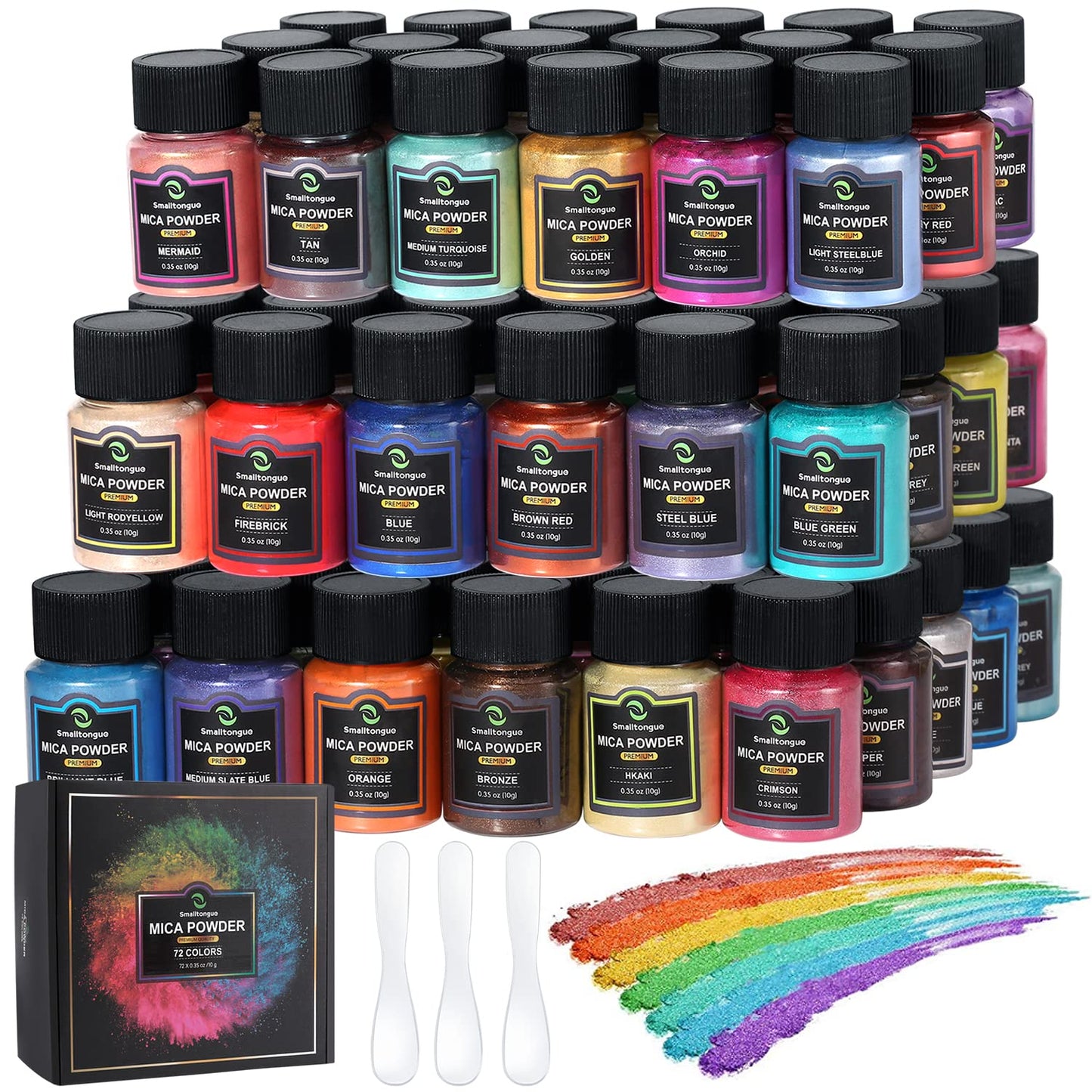 Smalltongue Mica Powder for Epoxy Resin, 72 Colors, 0.35 oz(10g) Bottles Mica Glitter, Mica Pigment for Lip Gloss, Soap Making, Bath Bomb, Art Crafts, Resin Dye, Nails